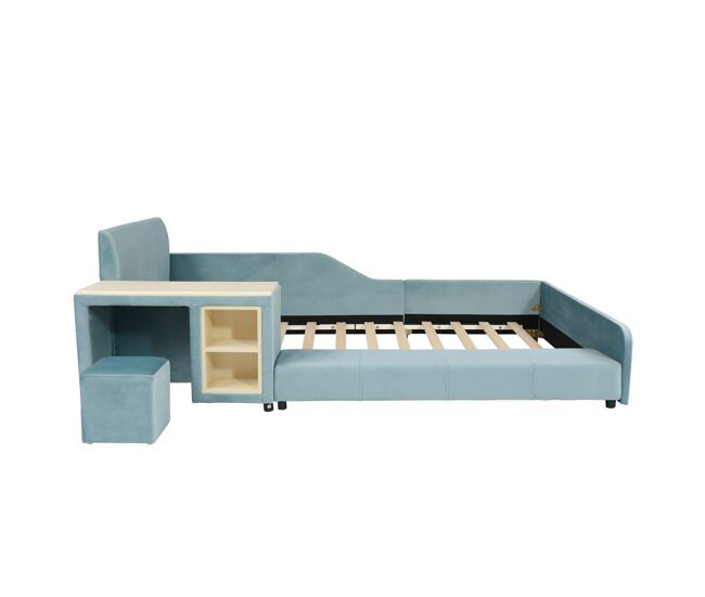 Cama individual 90x200cm - cama con escritorio y taburete para niños, con estante, cabecero suave, listones de madera, terciopelo - azul