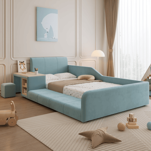 Cama individual 90x200cm - Cama com secretária e banco para crianças, com prateleira, cabeceira macia, ripas de madeira, veludo - Azul