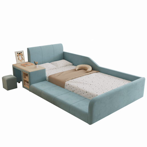 Cama individual 90x200cm - Cama com secretária e banco para crianças, com prateleira, cabeceira macia, ripas de madeira, veludo - Azul