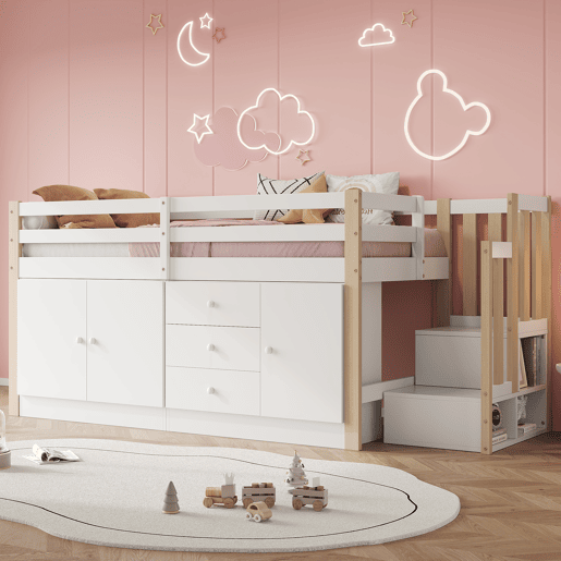 Cama alta infantil 90x200cm - com escada, gavetas, 2 armários e barra para roupa - Branco