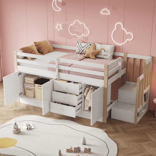 Cama alta infantil 90x200cm - com escada, gavetas, 2 armários e barra para roupa - Branco