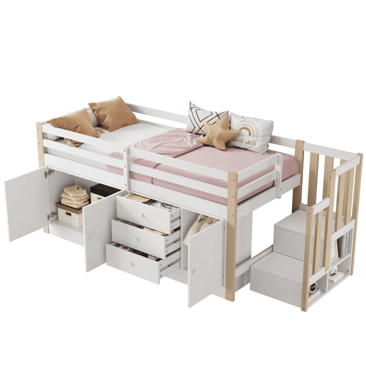 Cama alta infantil 90x200cm - com escada, gavetas, 2 armários e barra para roupa - Branco