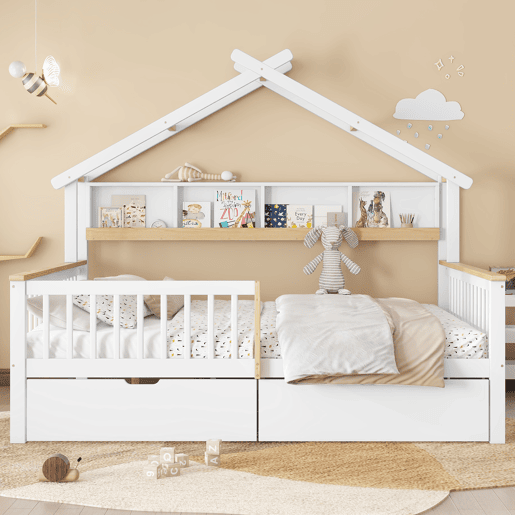 Cama infantil 140x200 - Com proteção lateral e grade, design de teto único, estante de 2 m, 2 gavetas com rodas, cama baixa de madeira - Branco+Natural Cama infantil 140x200 - Com proteção lateral e grade, design de teto único, estante de 2 m, 2 gavetas com rodas, cama baixa de madeira - Branco+Natural