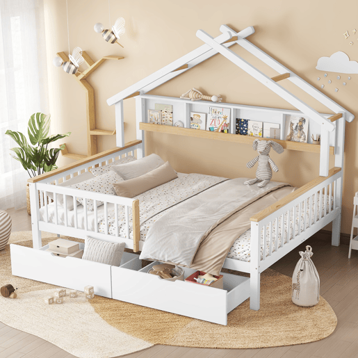 Cama infantil 140x200 - Com proteção lateral e grade, design de teto único, estante de 2 m, 2 gavetas com rodas, cama baixa de madeira - Branco+Natural Cama infantil 140x200 - Com proteção lateral e grade, design de teto único, estante de 2 m, 2 gavetas com rodas, cama baixa de madeira - Branco+Natural
