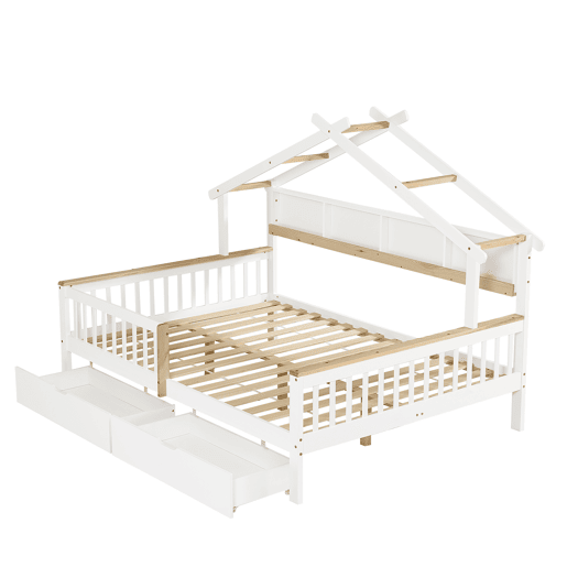 Cama infantil 140x200 - Com proteção lateral e grade, design de teto único, estante de 2 m, 2 gavetas com rodas, cama baixa de madeira - Branco+Natural Cama infantil 140x200 - Com proteção lateral e grade, design de teto único, estante de 2 m, 2 gavetas com rodas, cama baixa de madeira - Branco+Natural
