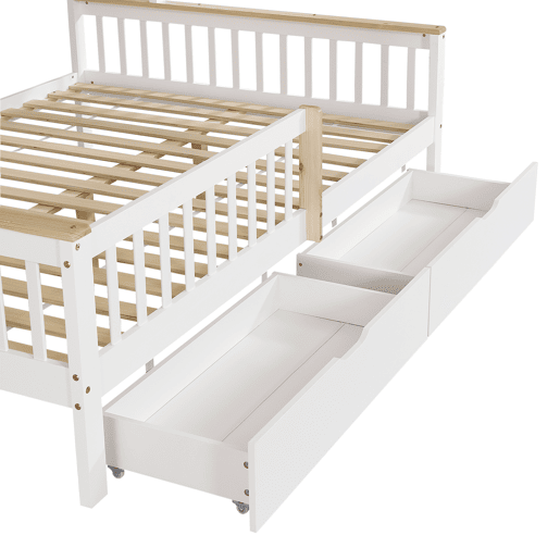 Cama infantil 140x200 - Com proteção lateral e grade, design de teto único, estante de 2 m, 2 gavetas com rodas, cama baixa de madeira - Branco+Natural Cama infantil 140x200 - Com proteção lateral e grade, design de teto único, estante de 2 m, 2 gavetas com rodas, cama baixa de madeira - Branco+Natural