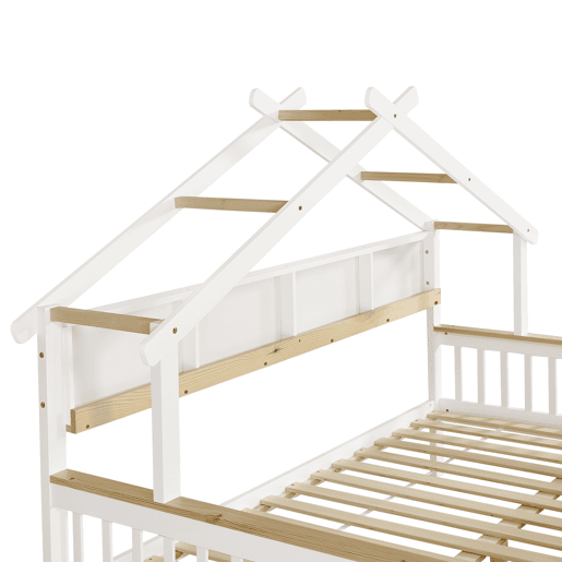 Cama infantil 140x200 - Com proteção lateral e grade, design de teto único, estante de 2 m, 2 gavetas com rodas, cama baixa de madeira - Branco+Natural Cama infantil 140x200 - Com proteção lateral e grade, design de teto único, estante de 2 m, 2 gavetas com rodas, cama baixa de madeira - Branco+Natural