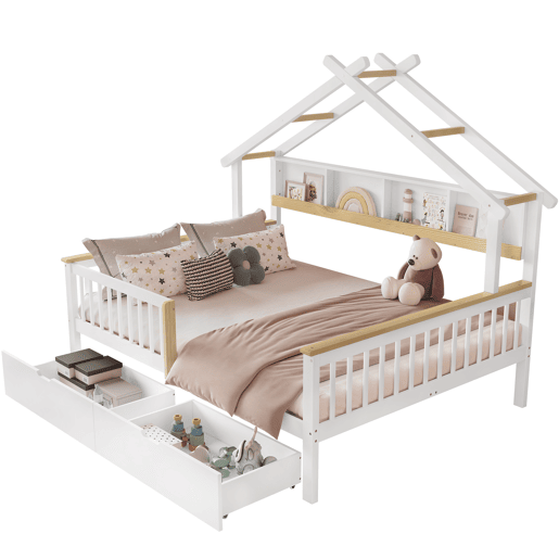 Cama infantil 140x200 - Com proteção lateral e grade, design de teto único, estante de 2 m, 2 gavetas com rodas, cama baixa de madeira - Branco+Natural Cama infantil 140x200 - Com proteção lateral e grade, design de teto único, estante de 2 m, 2 gavetas com rodas, cama baixa de madeira - Branco+Natural