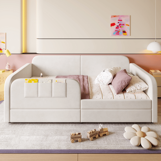 Cama multifuncional 90x200cm - Sofá-cama com 3 bolsos, 2 gavetas, estrutura metálica - Branco