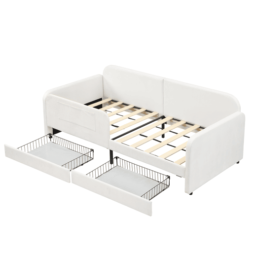 Cama multifuncional 90x200cm - Sofá-cama com 3 bolsos, 2 gavetas, estrutura metálica - Branco
