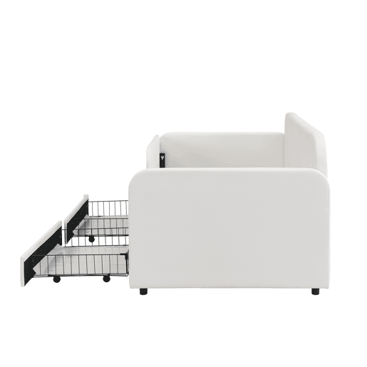 Cama multifuncional 90x200cm - Sofá-cama com 3 bolsos, 2 gavetas, estrutura metálica - Branco