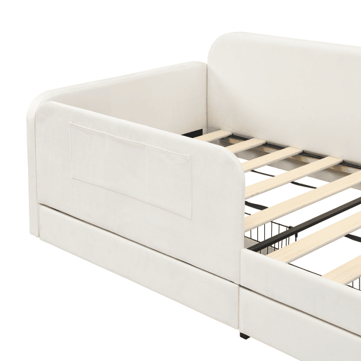 Cama multifuncional 90x200cm - Sofá-cama com 3 bolsos, 2 gavetas, estrutura metálica - Branco