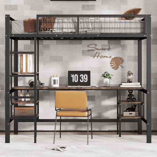 Beliche 90x200cm - Com mesa e estante, com escada de 4 degraus - Preto + cor madeira escura