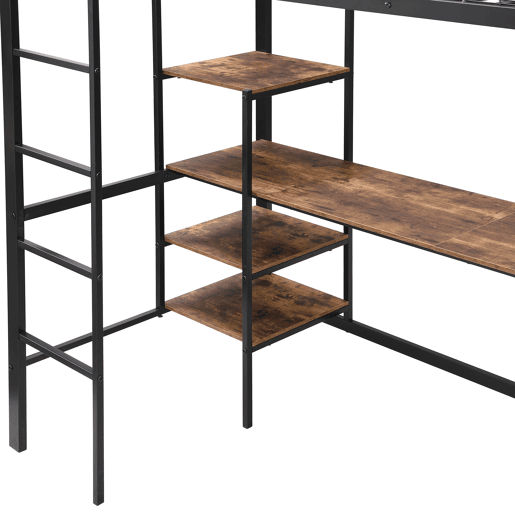Beliche 90x200cm - Com mesa e estante, com escada de 4 degraus - Preto + cor madeira escura