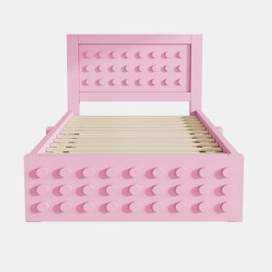Cama individual 90x200 cm - Cama infantil e juvenil com design criativo em blocos, estrutura em madeira maciça com estrado, com gavetas e espaço de arrumação debaixo da cama - Rosa