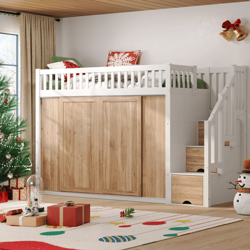 Cama infantil 90x200 cm - Cama alta multifuncional com armário e escada, barra de luzes, branco e carvalho Cama infantil 90x200 cm - Cama alta multifuncional com armário e escada, barra de luzes, branco e carvalho
