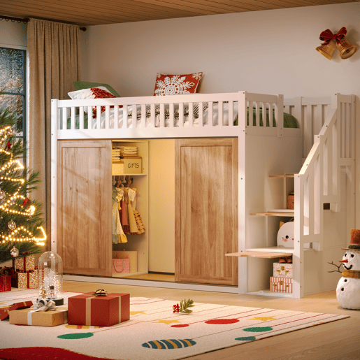Cama infantil 90x200 cm - Cama alta multifuncional com armário e escada, barra de luzes, branco e carvalho Cama infantil 90x200 cm - Cama alta multifuncional com armário e escada, barra de luzes, branco e carvalho