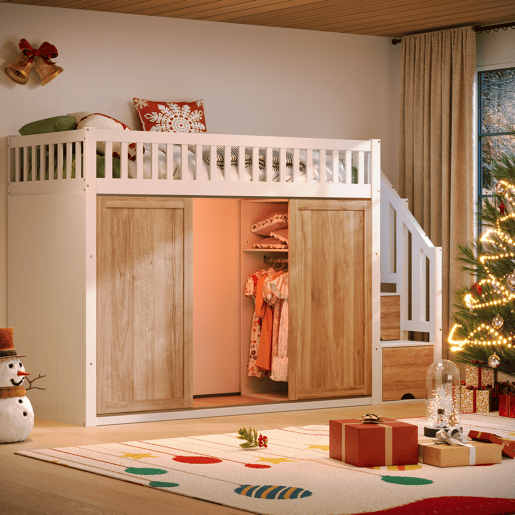Cama infantil 90x200 cm - Cama alta multifuncional com armário e escada, barra de luzes, branco e carvalho Cama infantil 90x200 cm - Cama alta multifuncional com armário e escada, barra de luzes, branco e carvalho