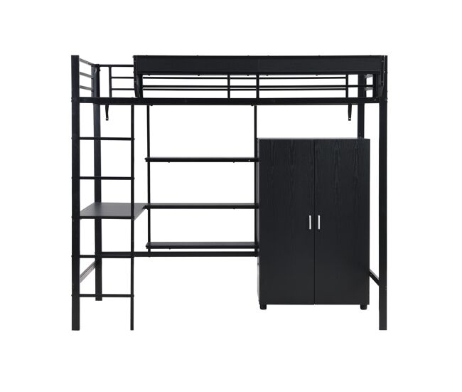 Cama litera 90x200cm - con mesa y armario, con 5 escalones, estructura de metal y tablero de partículas - negra