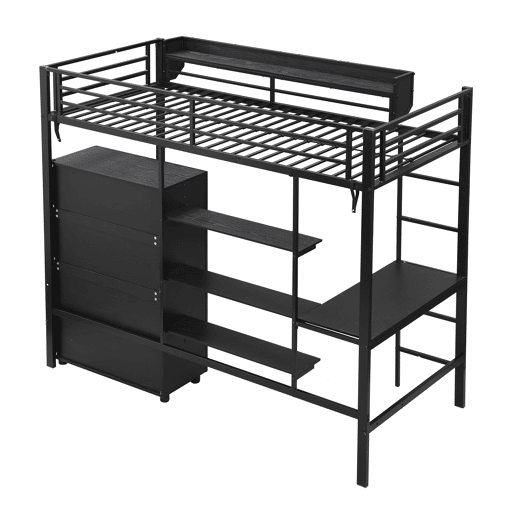 Beliche 90x200cm - Com mesa e armário, com 5 degraus, estrutura de metal e painel de aglomerado - Preto