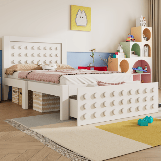 Cama individual 90x200 cm - Design criativo com blocos, estrutura em madeira maciça com estrado, com gavetas e arrumação debaixo da cama - Branco