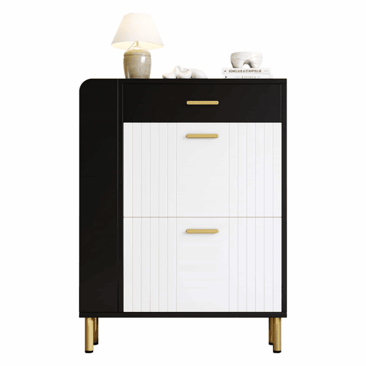 Sapateira 80x24x105 cm - 2 portas batentes, 1 gaveta, 3 compartimentos abertos - Branco+Preto
