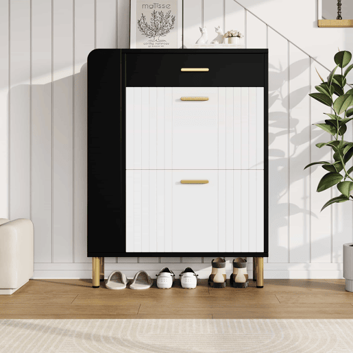 Sapateira 80x24x105 cm - 2 portas batentes, 1 gaveta, 3 compartimentos abertos - Branco+Preto