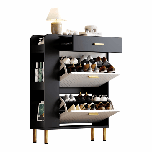 Sapateira 80x24x105 cm - 2 portas batentes, 1 gaveta, 3 compartimentos abertos - Branco+Preto