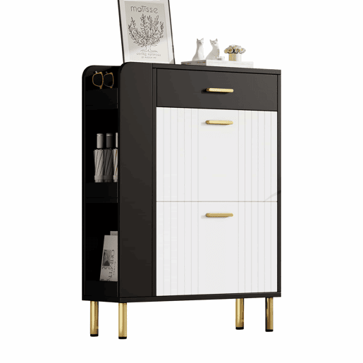 Sapateira 80x24x105 cm - 2 portas batentes, 1 gaveta, 3 compartimentos abertos - Branco+Preto