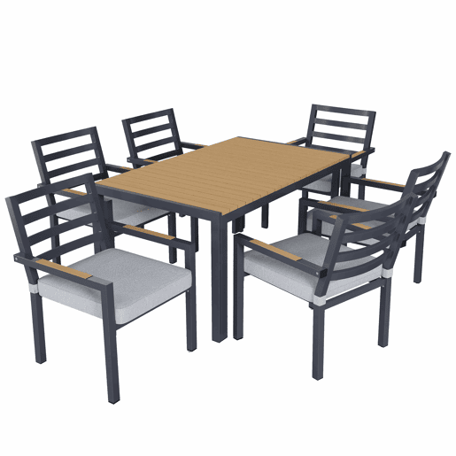 Conjunto de jantar de jardim para 6 pessoas - 1 mesa e 6 cadeiras, ferro galvanizado, tampo em madeira plástica - cinzento