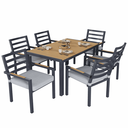Conjunto de jantar de jardim para 6 pessoas - 1 mesa e 6 cadeiras, ferro galvanizado, tampo em madeira plástica - cinzento