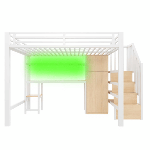 Beliche metálico 140x200 - com secretária, estante, roupeiro e escada com espaço de arrumação - branco