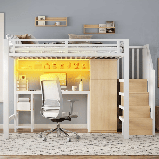 Beliche metálico 140x200 - com secretária, estante, roupeiro e escada com espaço de arrumação - branco