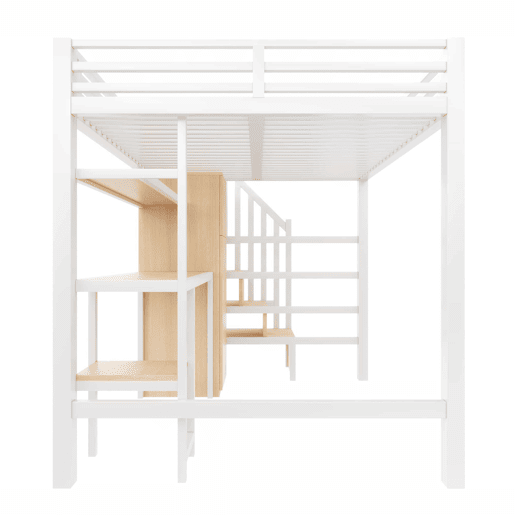 Beliche metálico 140x200 - com secretária, estante, roupeiro e escada com espaço de arrumação - branco