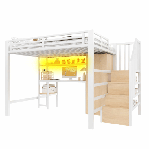 Beliche metálico 140x200 - com secretária, estante, roupeiro e escada com espaço de arrumação - branco