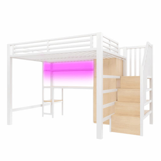 Beliche metálico 140x200 - com secretária, estante, roupeiro e escada com espaço de arrumação - branco
