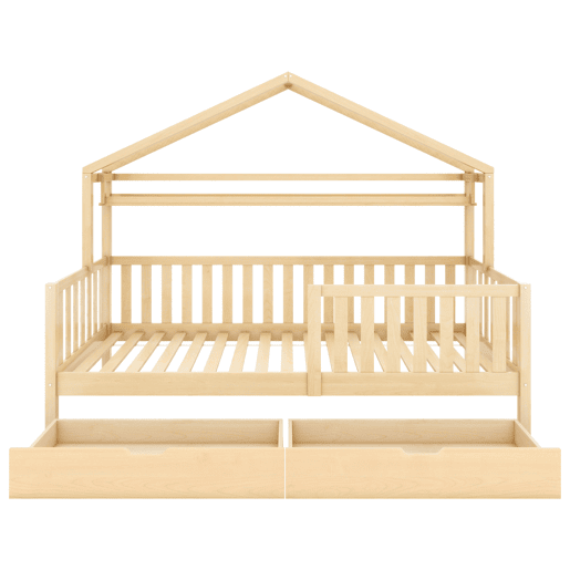 Cama infantil juvenil 90x200 - design em forma de casinha com gavetas e estrado em madeira maciça de pinho - Natural