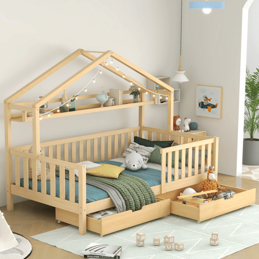 Cama infantil juvenil 90x200 - design em forma de casinha com gavetas e estrado em madeira maciça de pinho - Natural
