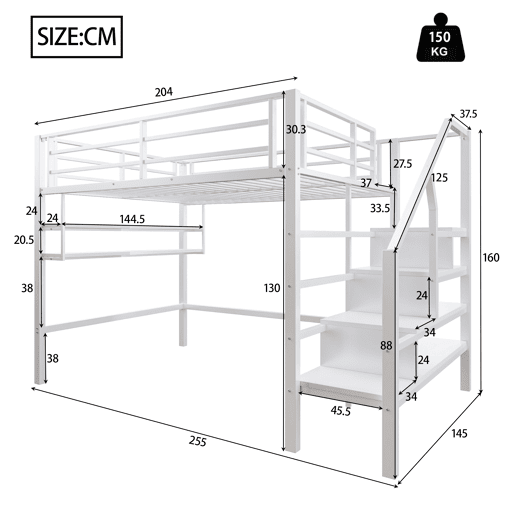 Cama alta metálica 140x200 cm - com prateleira e escada de arrumação - Branco
