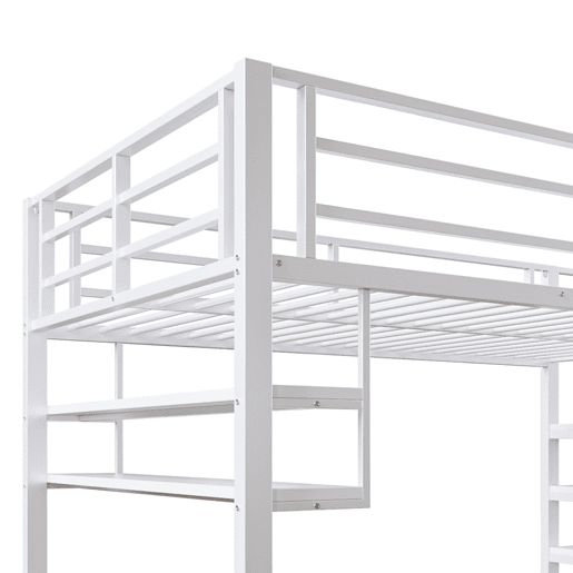 Cama alta metálica 140x200 cm - com prateleira e escada de arrumação - Branco