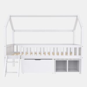 Cama infantil juvenil 200x90 com gavetas e prateleiras com grade de proteção contra quedas - Branco