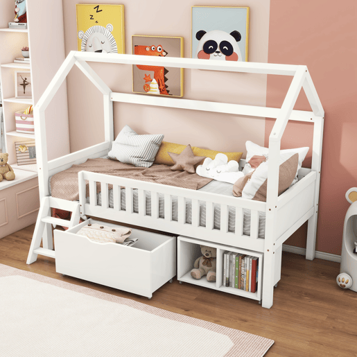 Cama infantil juvenil 200x90 com gavetas e prateleiras com grade de proteção contra quedas - Branco
