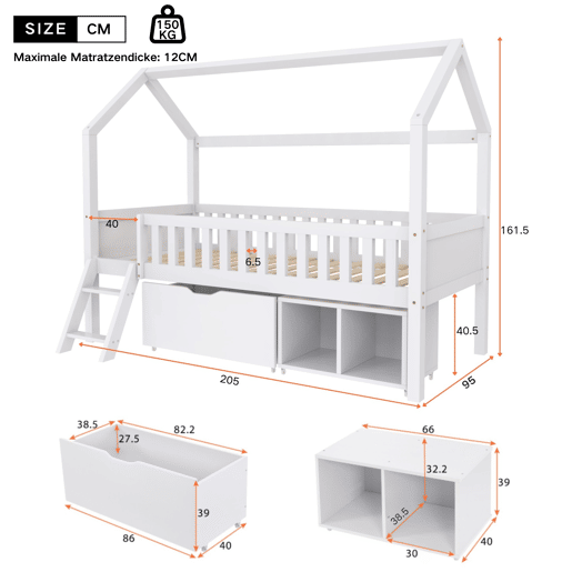 Cama infantil juvenil 200x90 com gavetas e prateleiras com grade de proteção contra quedas - Branco