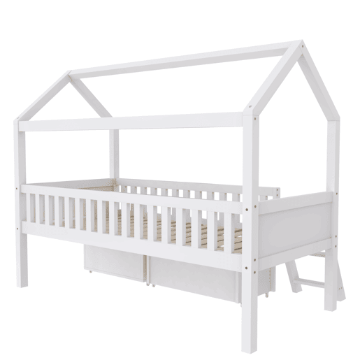 Cama infantil juvenil 200x90 com gavetas e prateleiras com grade de proteção contra quedas - Branco