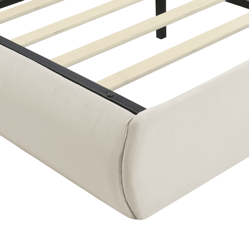 Cama estofada 140x200cm - Cama hidráulica, com luz regulável, arrumação, 2 bancos, veludo - Bege