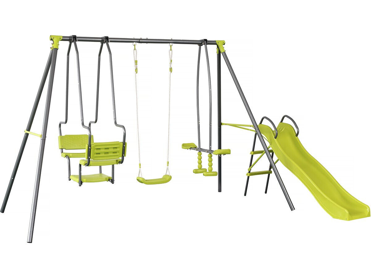 Estructura metálica con tobogán <> y 4 elementos de juego - verde