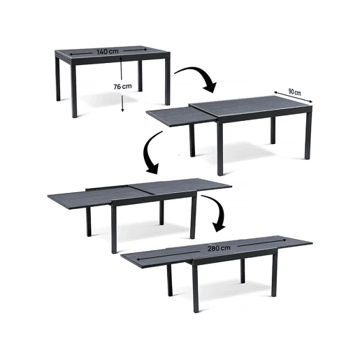 Mesa de jardim em alumínio extensível Lagos - 140280 x 90 x 76 cm - Preto