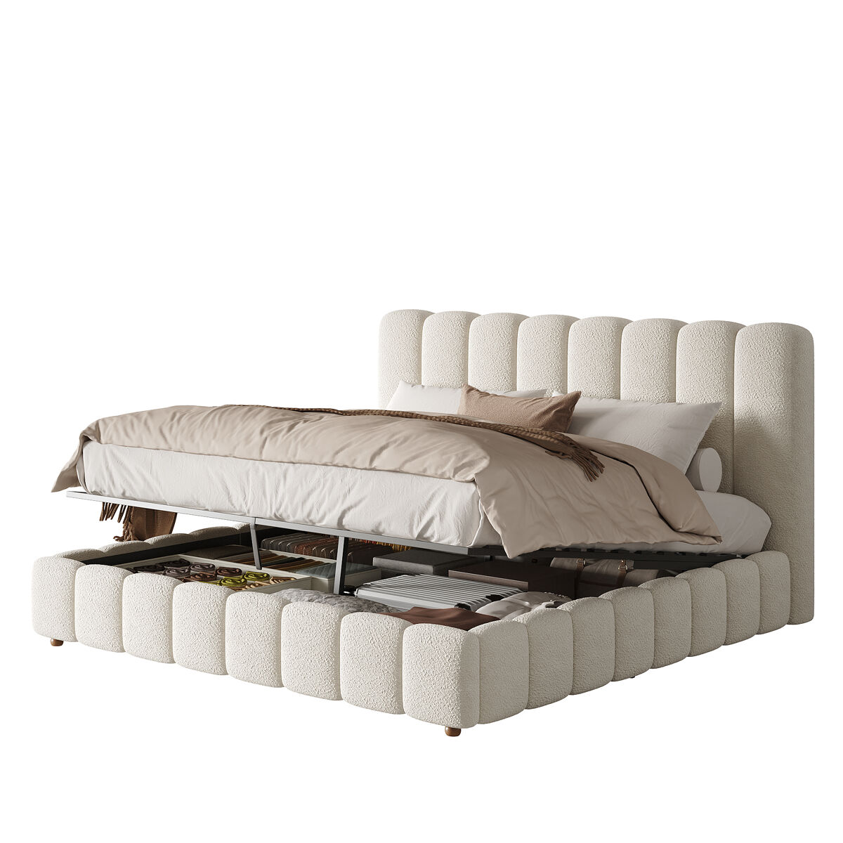 Cama de matrimonio de tela 160x200 cm con almacenaje,blanco
