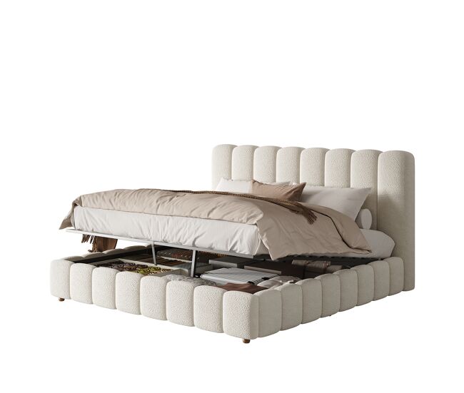 Cama de matrimonio de tela 160x200 cm con almacenaje,blanco