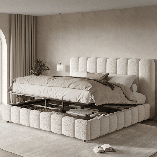 Cama de casal de tecido 160x200 cm com armazenamento,branco